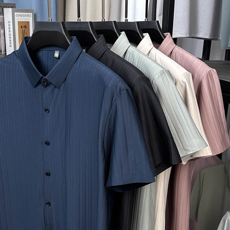 Seamless Vertical Striped Short Sleeve Shirts For Men Stretchy Summer Quality Coolness Breathable Wrinkle-Free Camisas De Hombre