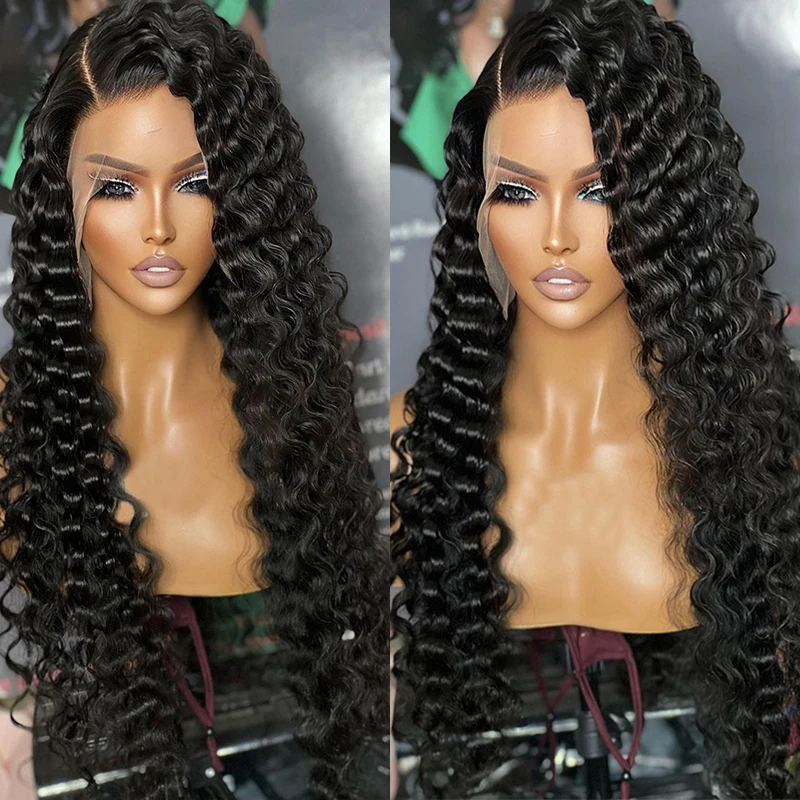 

Natural Black Long 26'' 180%Density Deep Wave Curly Lace Front Wigs For Women With Baby Hair Preplucked Daily Wear Glueless Wigs