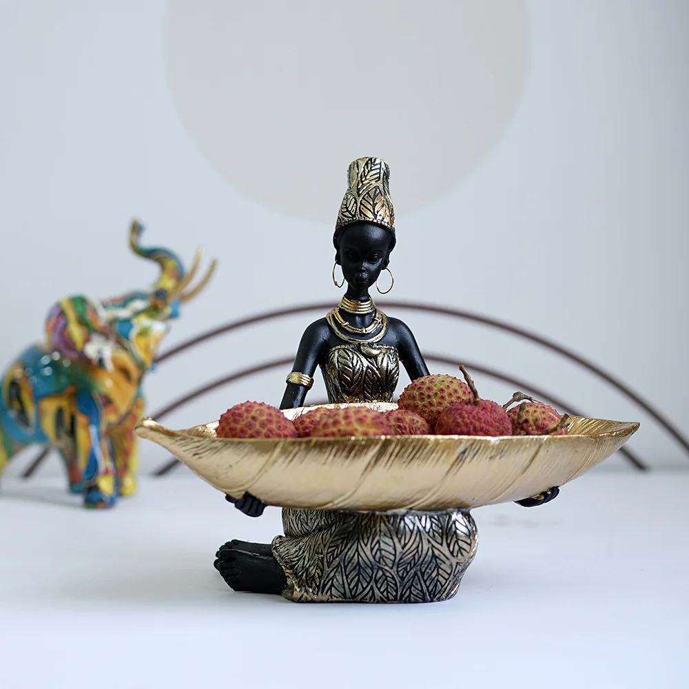

Thai Style African Women's Resin Sculptures, Home Decor, Elegant Golden Black Decorative Sculptures, Storage Ornaments