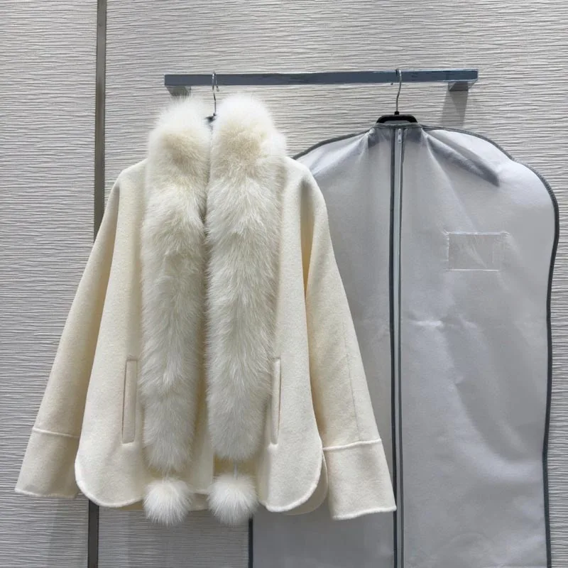 Real Fox Fur Collar Cloak Coat White Wool Coat Women 2024 Warm Oversize Elegant Real Fur Coat Natural Fox Fur Jacket