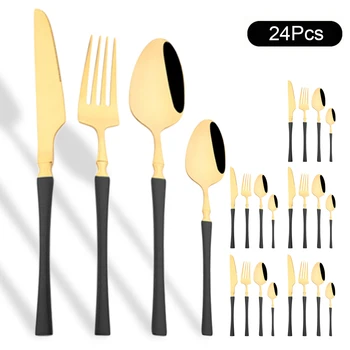24Pcs Stainless Steel Dinnerware Set Black Gold Cutlery Spoon Fork Knife Western Cutleri Silverware Flatware Tableware Supplies