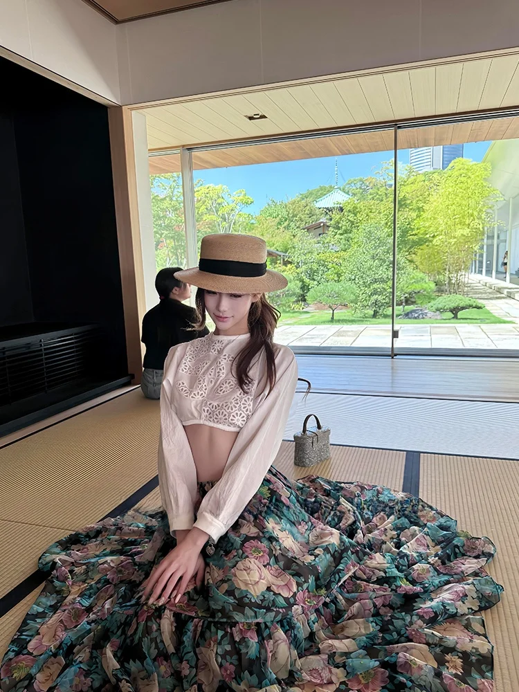 

Vacation Ensemble Women Elegant Lady Heavy Work Small Fragrance Style Camellia Print Maxi Skirt Two Piece Set Breathable Poly...