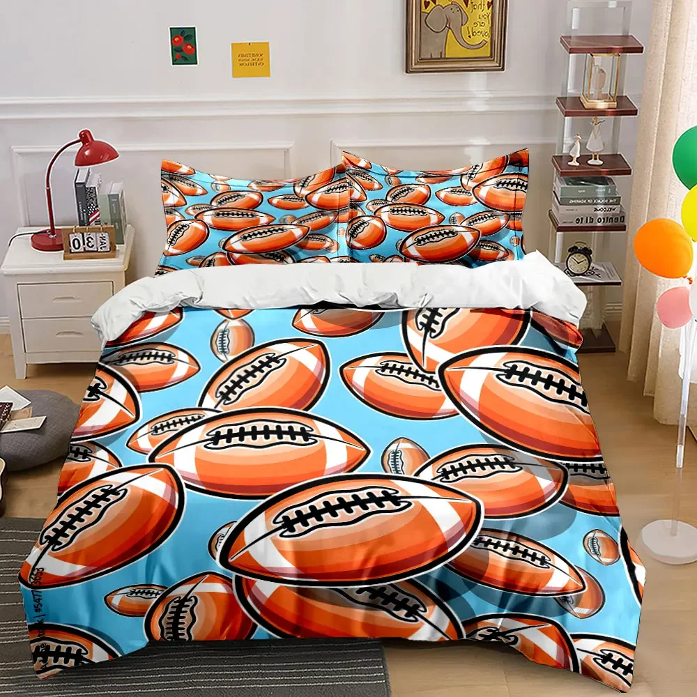 3Pcs Football Bedding Set, Cartoon American Football Pattern Print Duvet Cover + 2 Pillowcases, Sports Fan Decor, great gifts