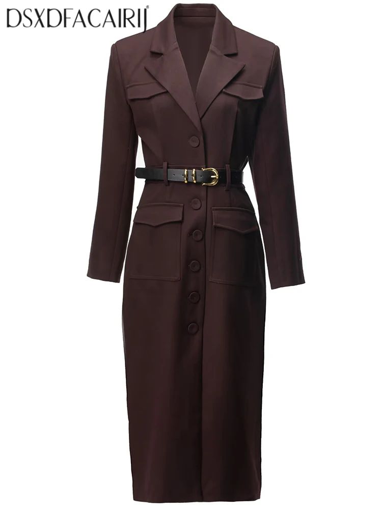 

DSXDFACAIRIJ Single Breasted Pencil Dress Women's Notched Long Sleeve Sashes Office Lady Dresses Fashion Autumn Female