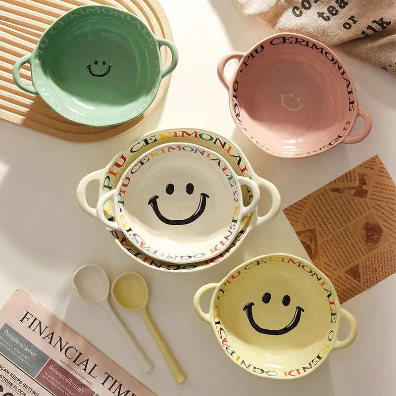 Instant Noodle Bowl Soup Retro Bowl Irregular Double Ear Smiling Face Yogurt Bowl Ins Ceramic Tableware Rice Salad Fruit Plate