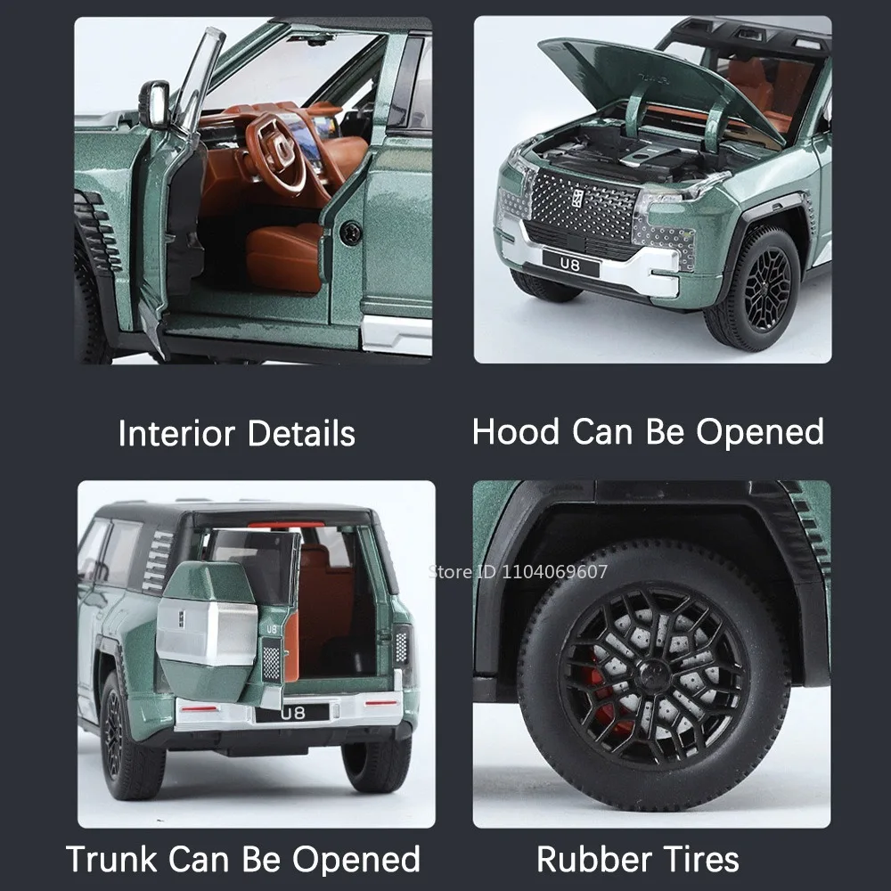 BYD يبحث في ألعاب سيارات SUV للأولاد طراز U8 ، سبيكة دييكاست قابلة للسحب للخلف ، 6 أبواب فتح ضوء الصوت ، مركبة على الطرق الوعرة ، هدايا ،