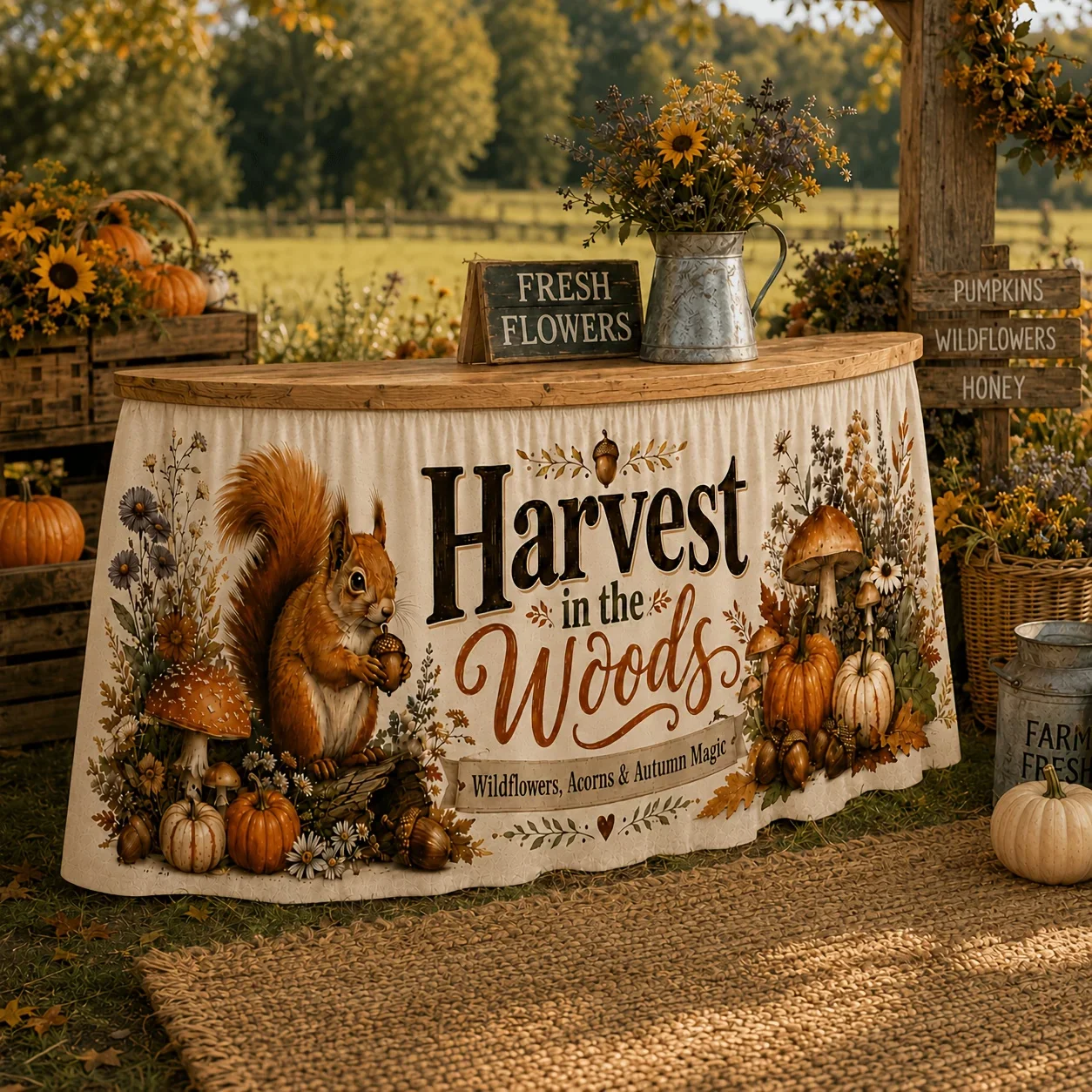 One-piece harvest table skirt, suitable for table cover, featuring squirrels, acorns, pumpkins,