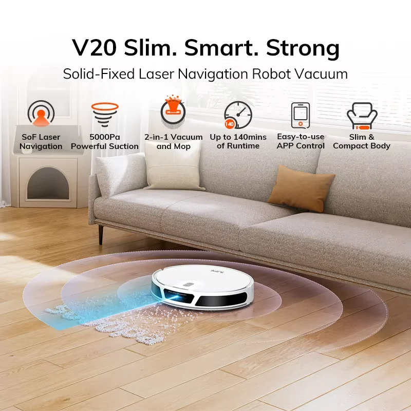 Aspiradora robot ILIFE V20, succión de 5000 Pa, navegación inteligente SOF LiDAR, control por aplicación, limpieza personalizable, autorecargable 3