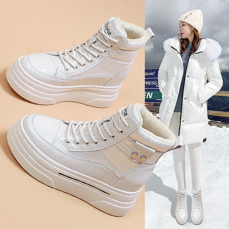 Black Winter 2024 Shoes for Women Leather Boot Snow Boots Woman Chunky Flat Platform Footwear Booties Shoe Warm Low Short Barrel