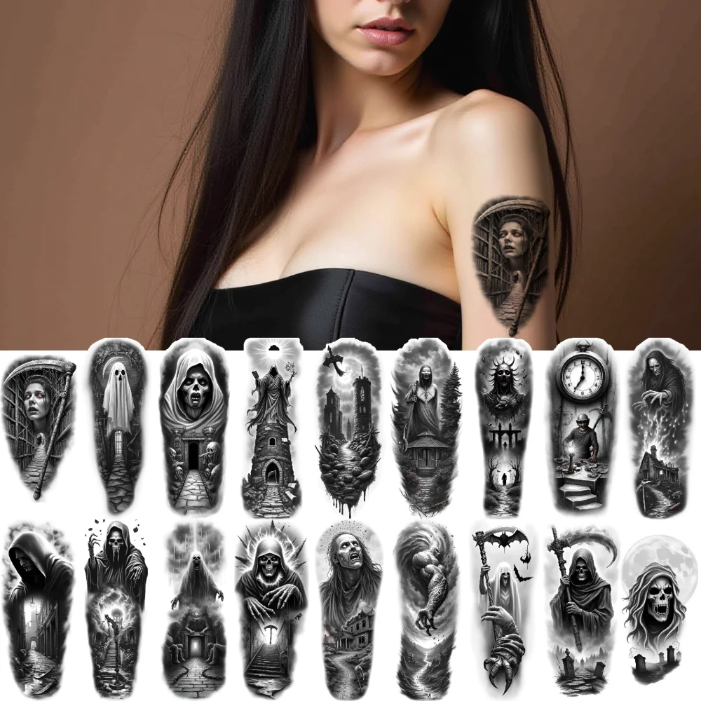 

12 шт., временная татуировка, призрак, реалистичные временные татуировки, мрачный жнец, коса, черный и серый, реализм, фигурка с капюшоном для взрослых