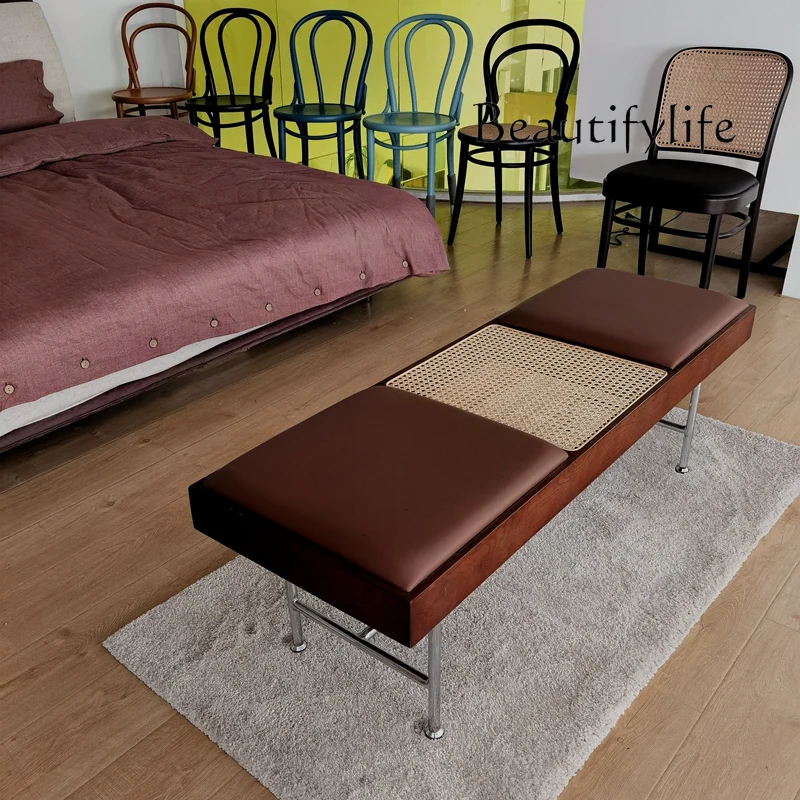 Japanese-Style Rattan Leather Bench Nordic Minimalism Shoe Changing Stool Modern Light Luxury Casual Chair