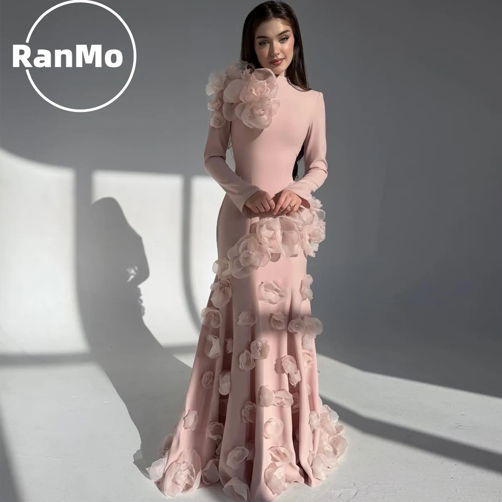 

Ranmo Customized Pink High Neck 3D Flowers Prom Dress Elegant Mermaid vestidos de noiva Floor-length Formal Evening Dress 2026