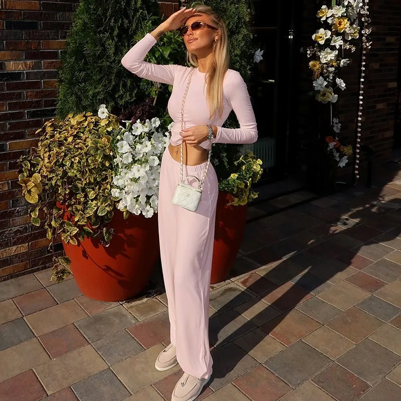 

Women T-shirt Long Pants 2 Piece Sets Solid O-neck Long Sleeve Tops Elastic Waist Trousers Women's Outfits 2025 New Tracksuit