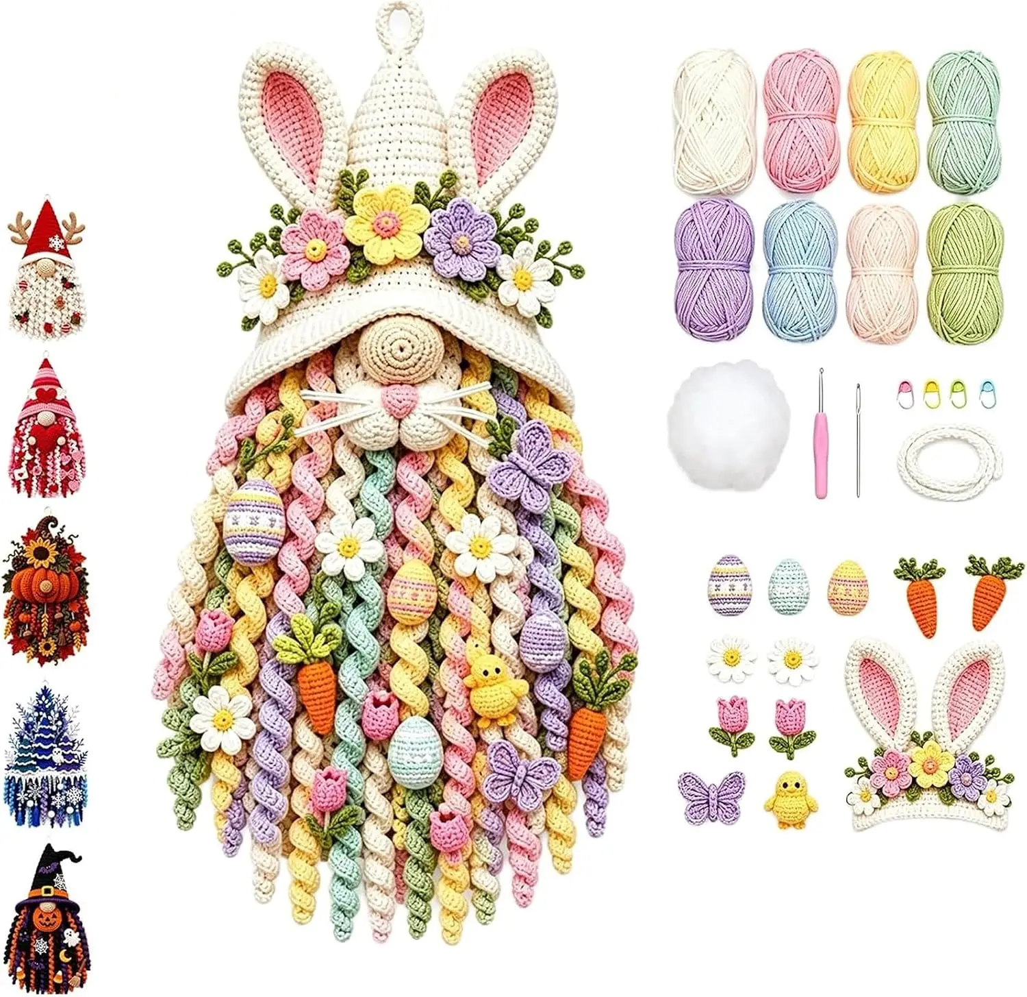 Easter Bunny Crochet Kit 3D Beginner Set with Pre-Cut Yarn Illustrated Instructions - Plush Stuffing DIY Craft 8 Inch