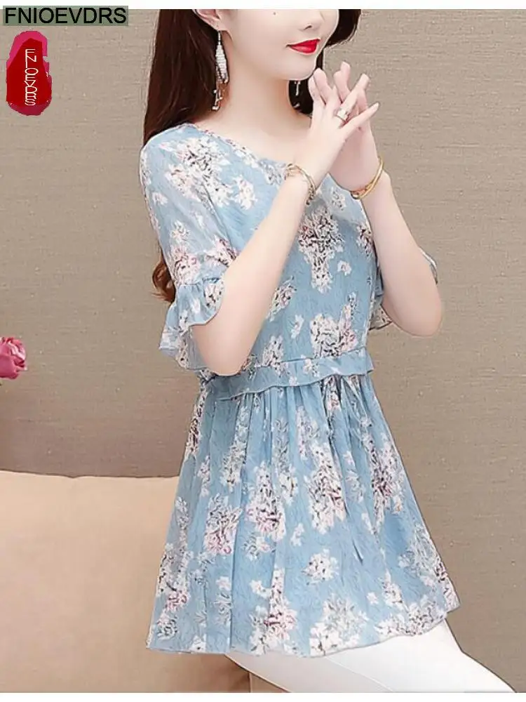 2022 Women Flower Floral Printing Long Tunic Drawstring Lace-Up Chiffon Shirt Blouses Bow Tie Retro Vintage Loose Peplum Tops