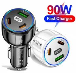 90W 3-in-1Car Charger QC3.0 PD Type C USB Moblie Phone Fast Charging  for IPhone Xiaomi Samsung Car Quick Charger Adapter Tools