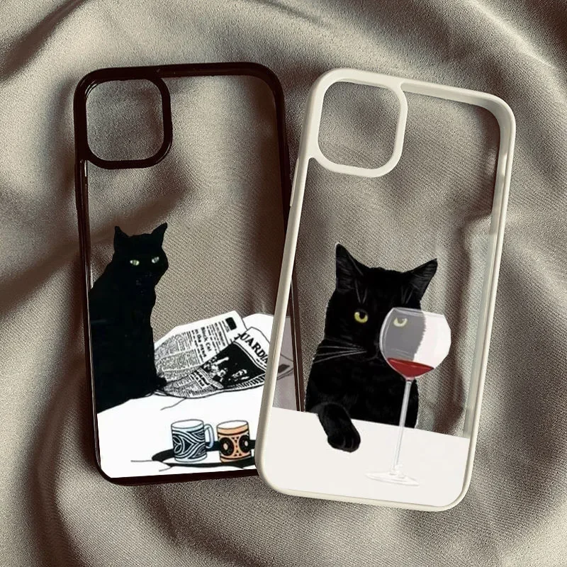 Cool Cartoon Red Wine Black Cat Phone Case For iPhone 16 14 15 Pro MAX 13 11 12 XS SE20 XR 7 8Plus Shockproof Clear Hard Cover