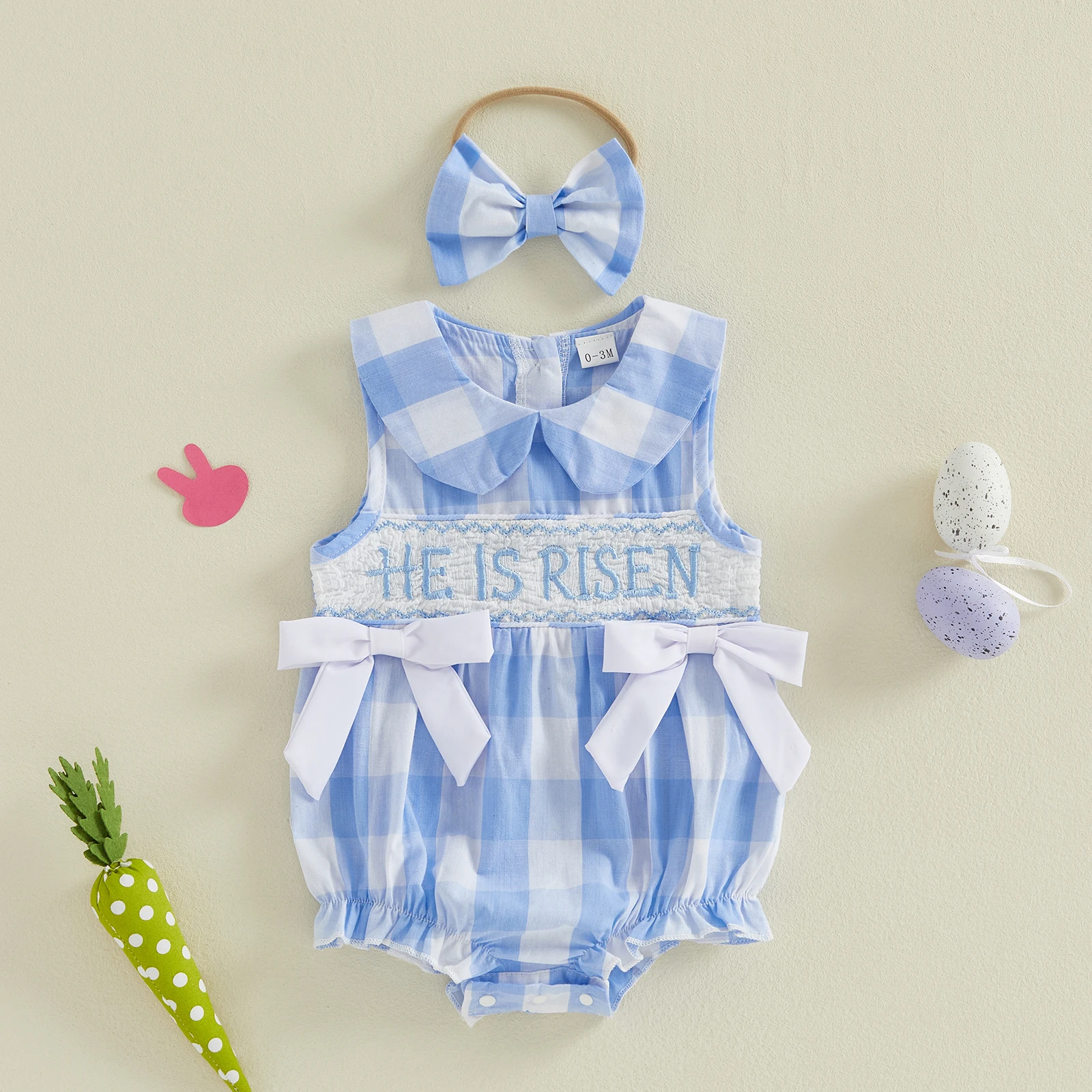 

Пасхальный комбинезон для маленьких девочек, клетчатый комбинезон без рукавов с вышитыми буквами и декоративными бантами, кукольный воротник, комбинезон для новорожденных