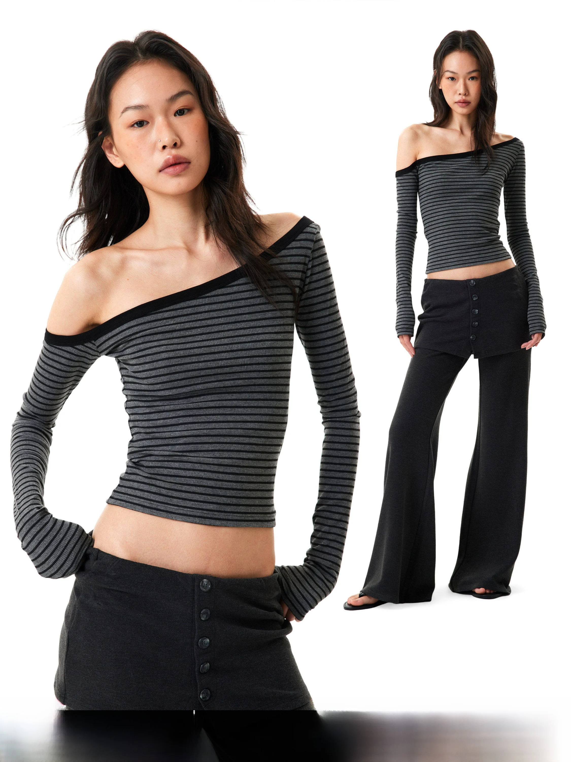 Gogo Burn American Style Long Sleeve Shoulder Bared Slant Collar Slim Fit Women's T-Shirt Casual Style Striped Short Top
