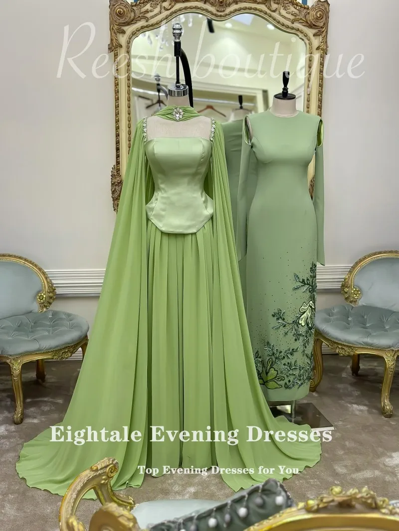 

Eightale Arabic Evening Dress Customized Strapless Beaded Satin Cap Sleeves Prom Wedding Party Gown Vestidos De Gala