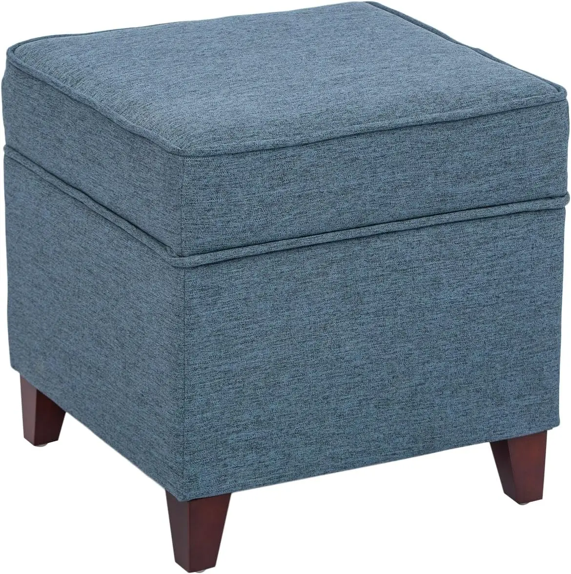 

17" Square Ottoman with Storage- Small Storage Ottoman Foot Rest with Hinged Lid- Blue Faux Linen Fabric Upholstered Footstool