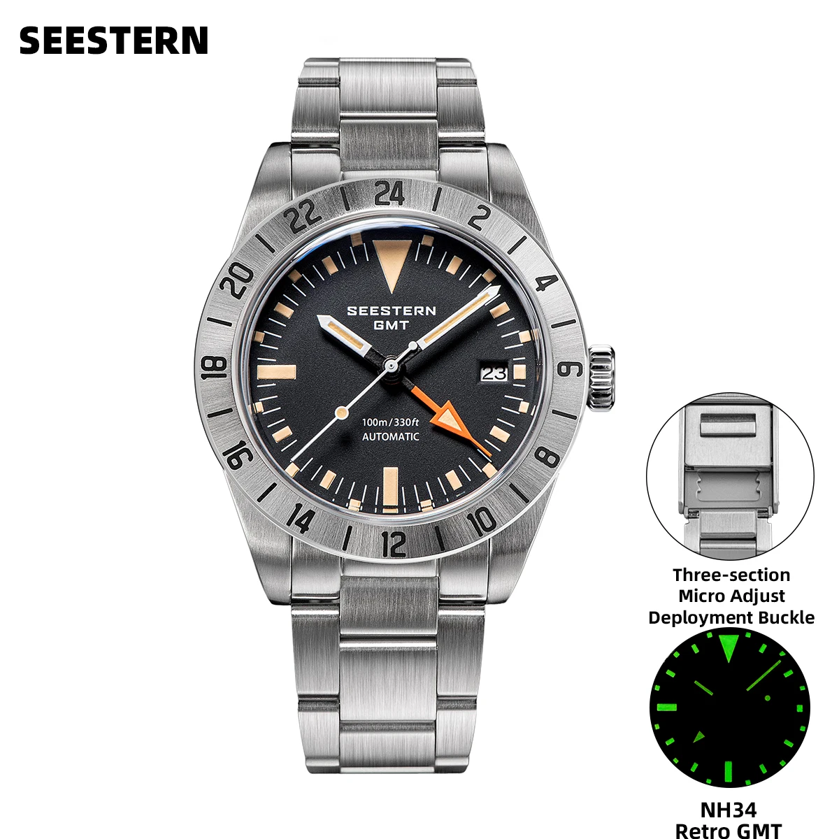 SEESTERN GMT Watch of Men Retro NH34 Automatic Movement Mechanical Wristwatch Dome Sapphire Glass AR Coating Micro Deploy Buckle