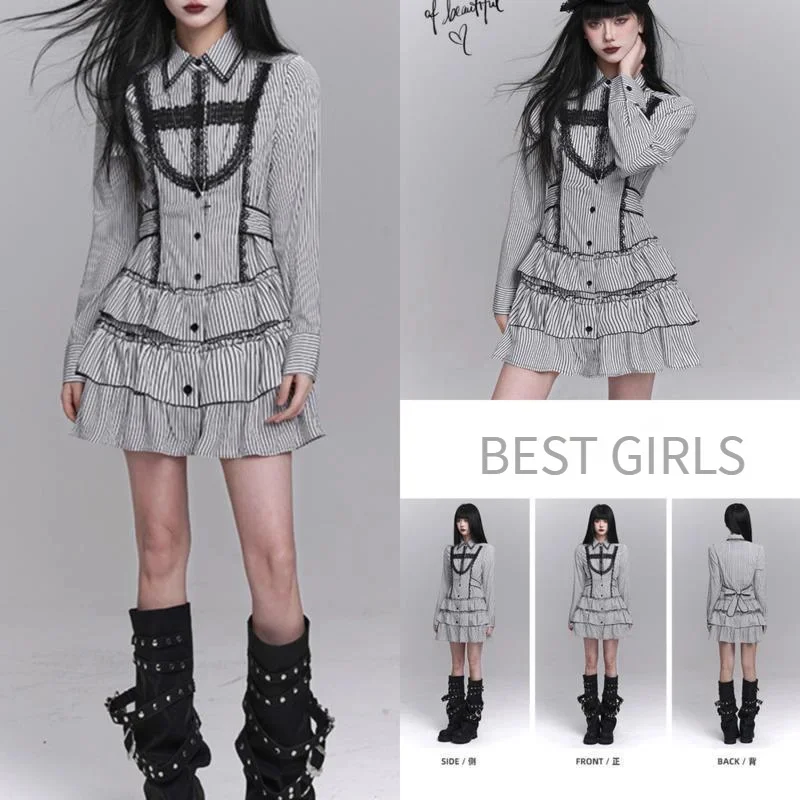 Fashion Gothic Y2K Ghost Dresses Gothic Striped Shirt Dress Long Sleeves Halloween Outfit Kawaii Lolita A-line Dress Girls New