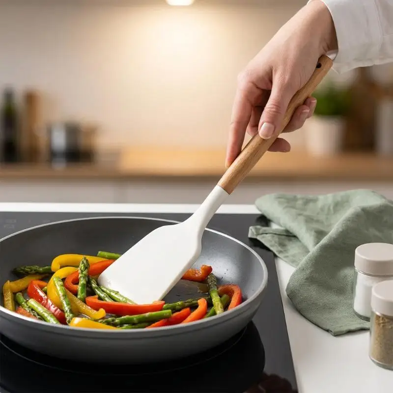 Silicone Kitchen Cookware Utensils Wooden Handle High Temperature Resistant Non Stick Pan Cooking Spatula Food Grade
