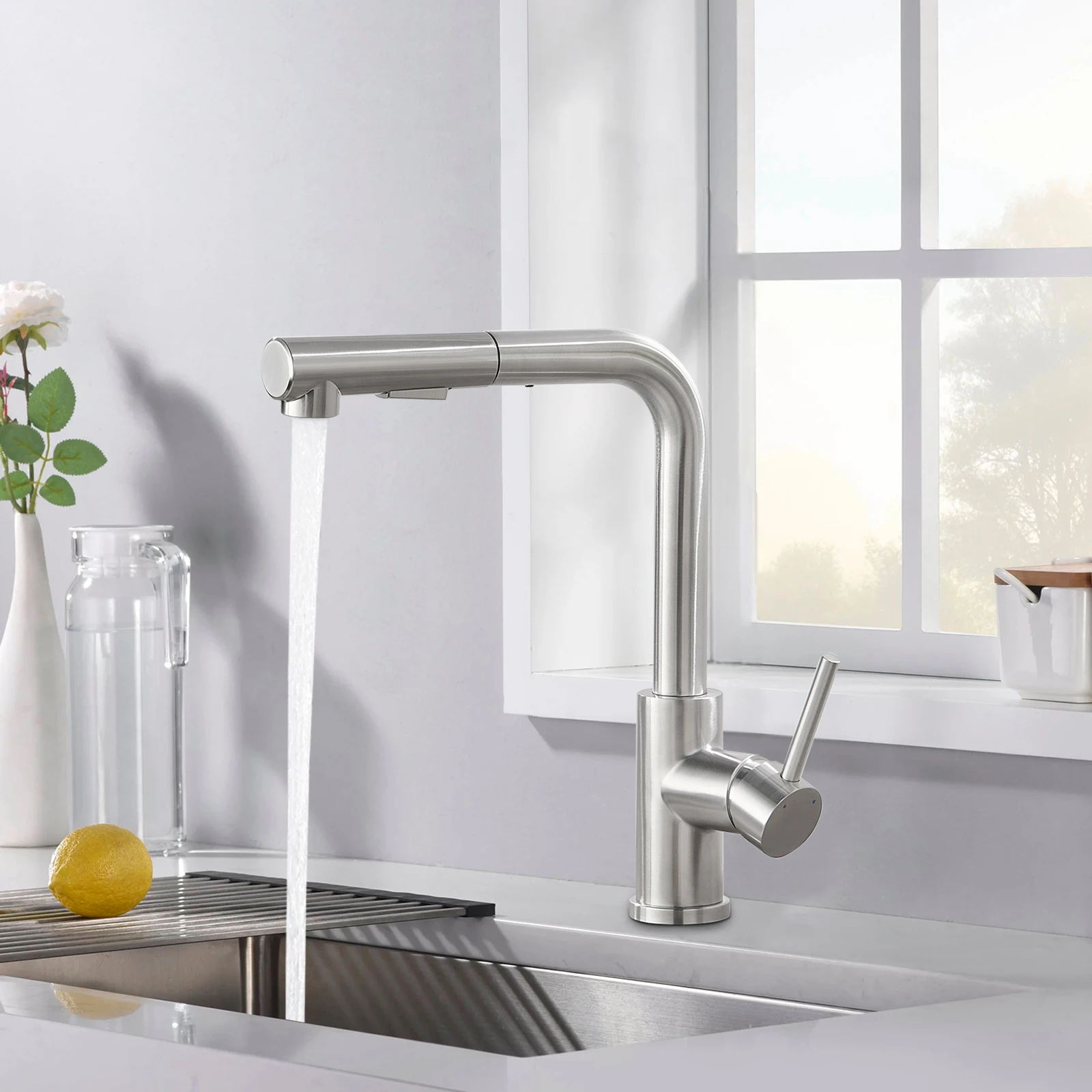 Robinet de cuisine avec douchette extractible, finition brossée, acier inoxydable 304, 360° °   Robinet mélangeur pivotant parfait pour évier de cuisine et salle de bain Franc