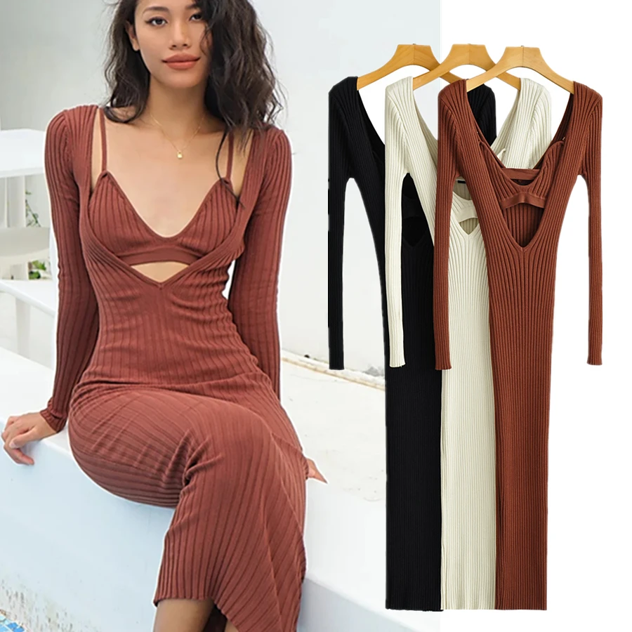 

Dave&Di Vintage Knitted Camisole Strapless V-neck Sheath Midi Dress Wome Two Pieces Sets 2022 France Style Fashion Dress