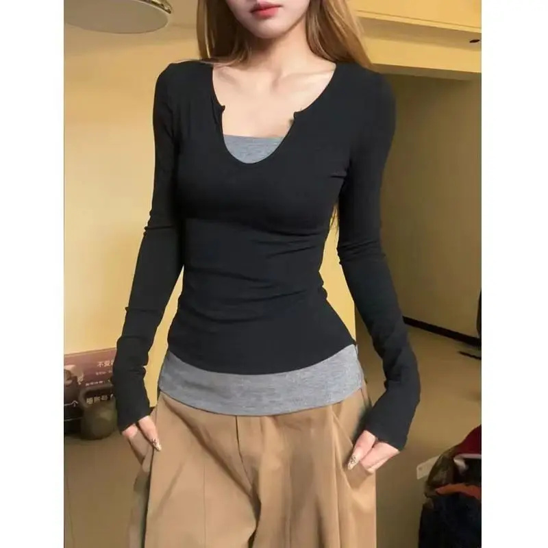 False Two-Piece Spliced Long Sleeve T-shirts Women Kpop Winter Sexy Crops Tops Slim Y2K Vintage Tees Cheap Clothes Woman Tshirts