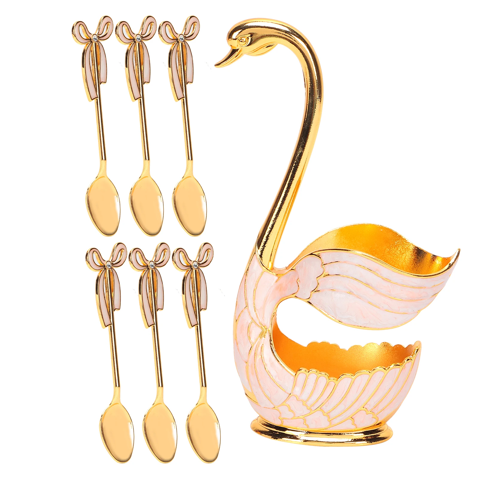 

Golden White Fork Tableware Sets Coffee Fruit Dessert Spoons Household Tableware With Swan Holder Decoration