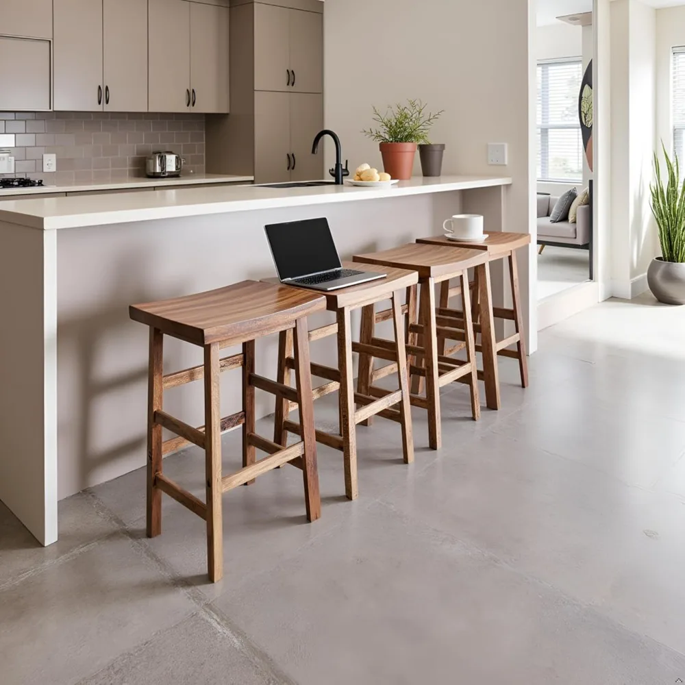 Durango 26-Inch Industrial Wood Counter-Height Stools – Set of 2 Rustic Saddle Seat Bar Stools - Vintage Style with Light