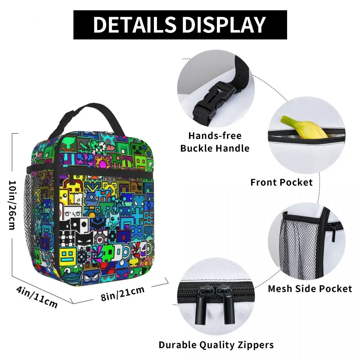 Geometry Cube Gaming Dash Pattern Insulated Lunch Bags Portable Reusable Cooler Bag Tote Lunch Box Beach Picnic Girl Boy