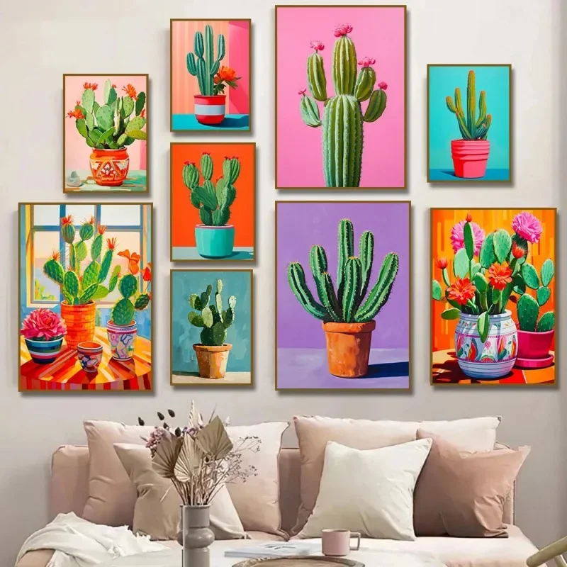 Colorful Cactus Flower Vase Still Life Canvas Print Poster Neutral Watercolor Abstract Botanical Art Prints Wall Art Home Decor