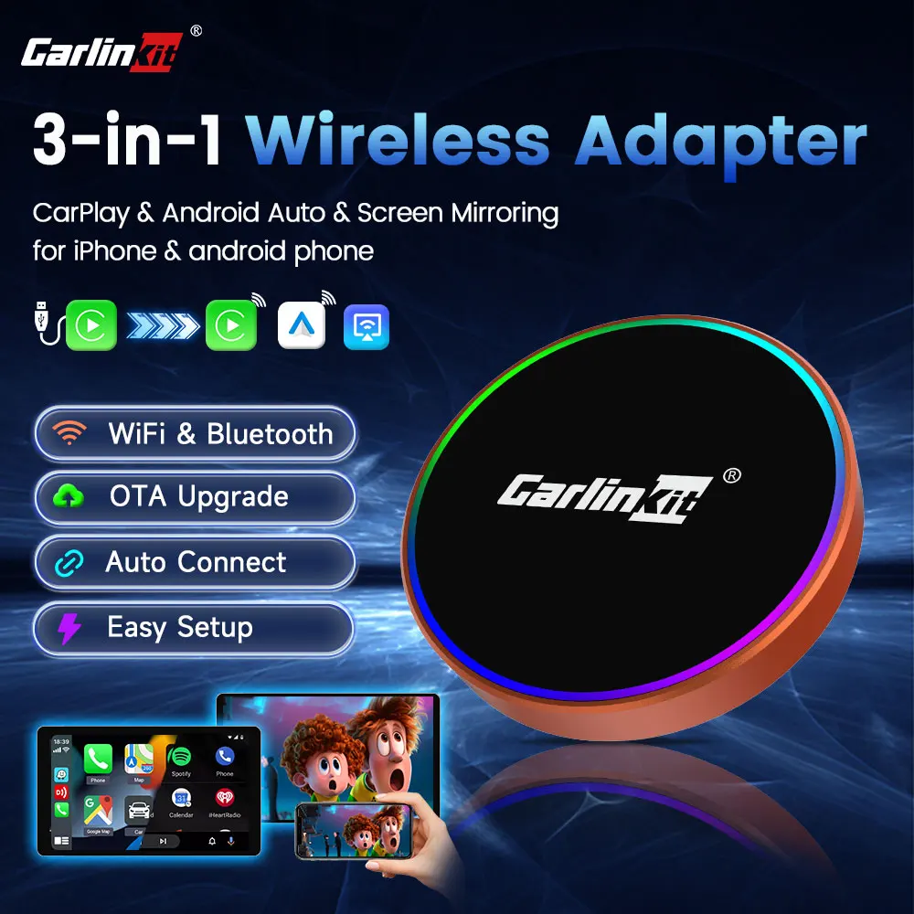 CarlinKit New Wireless CarPlay Adapter Screen Mirroring Android Auto USB Dongle MiraCast AirPlay 3-in-1 WiFi Seamless Connection