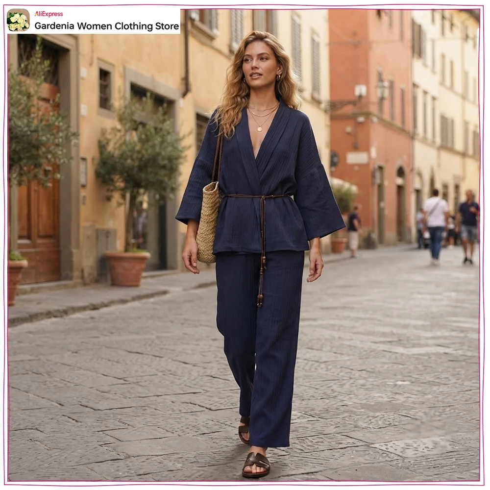 New Women Semi-sheer Wringle Look Pant Sets Wrinkled Effect Semi-sheer Jacket with Beaded Belt Matching Tonal High-waisted Pants
