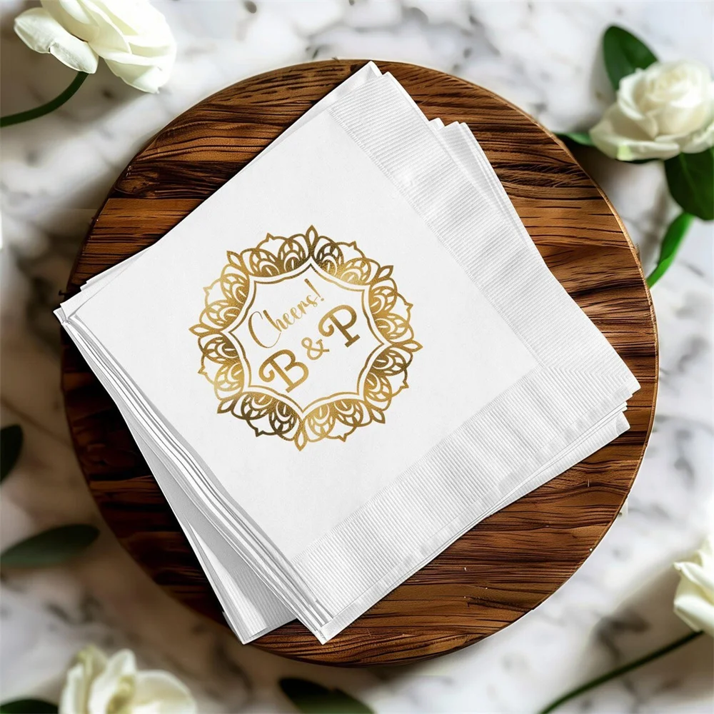 

50PCS Custom Wedding Frame Napkins, Foil Cocktail Napkins, Modern Initial Napkins, Rehearsal Dinner Napkins, Cheers Beverage Per