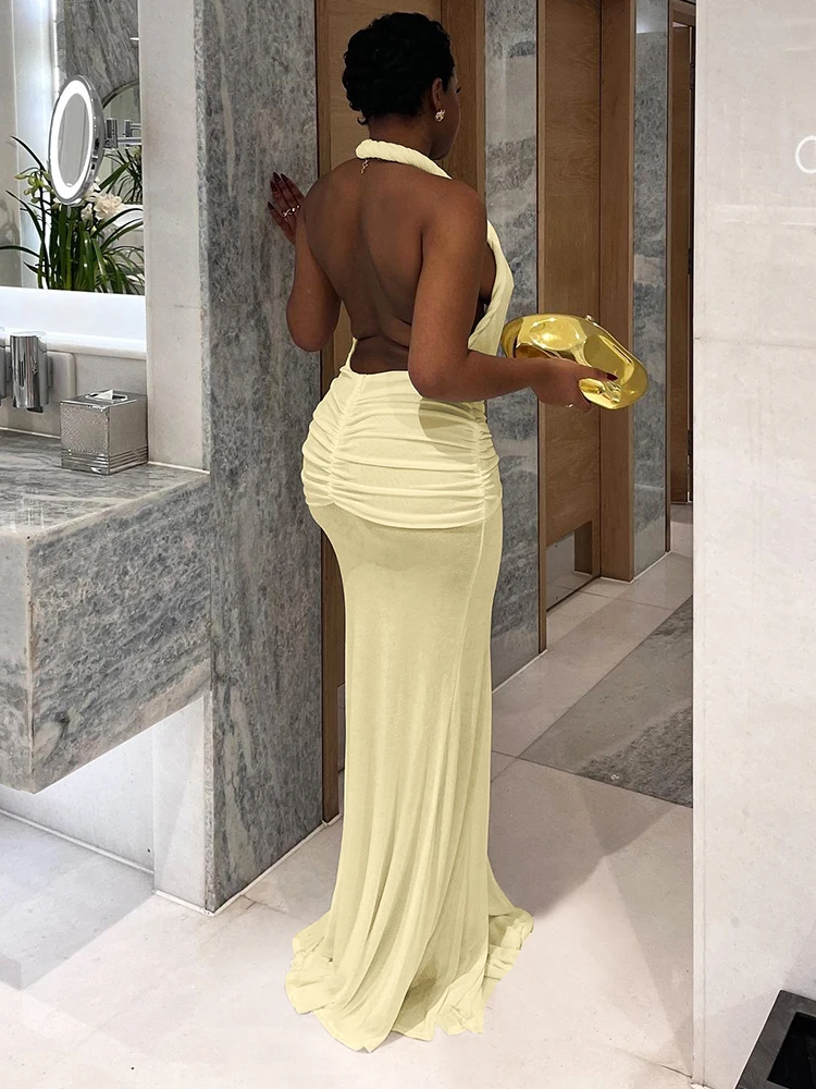 Macheda Sexy Halter Dress Women 2025 Summer Sexy V-Neck Thin Y2K Backless Knot Ribbon Birthday Party Peach Buttocks Long Bodycon