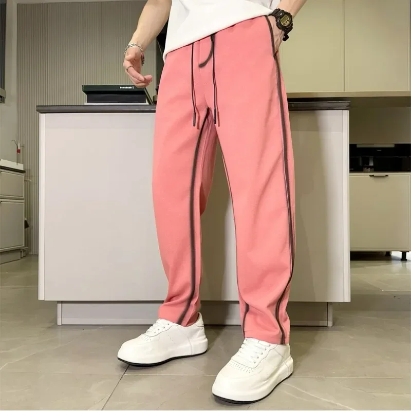 Summer Thin Men Knit Straight Pants Breathable Quick Drying Loose Color Blocking Trousers Drawstring Elastic Sports Casual Pant