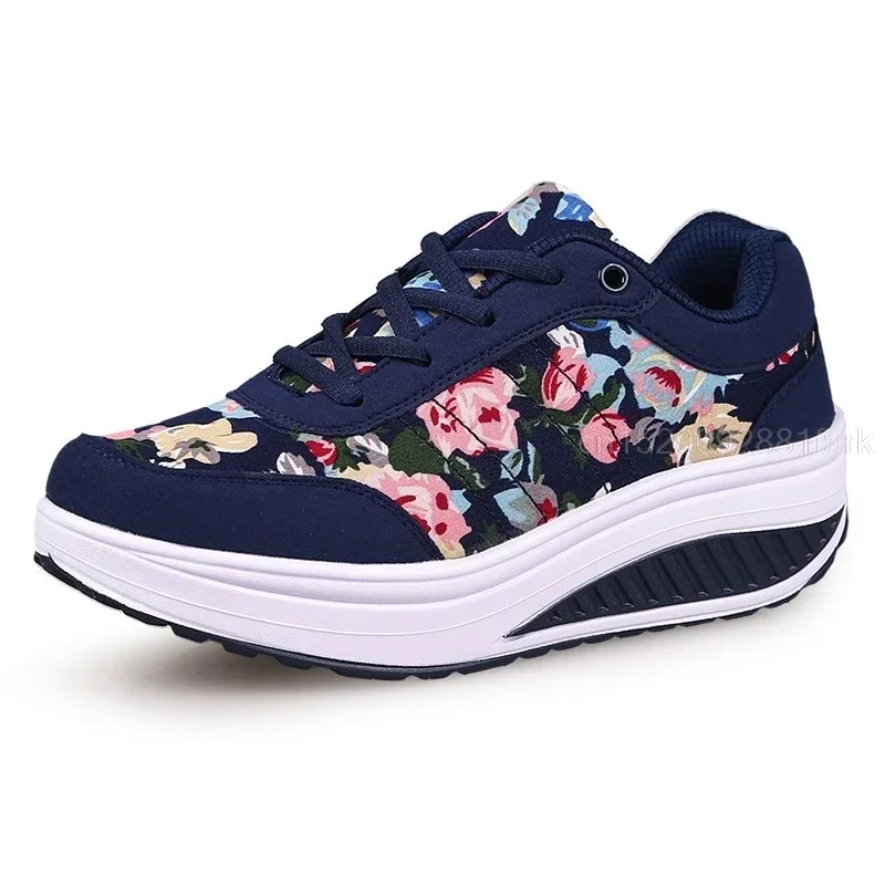 Women Breathable Toning Shoes Flower Printed Comfortable Thick Soles Swing Shoes Platform Wedge Slimming Sneakers