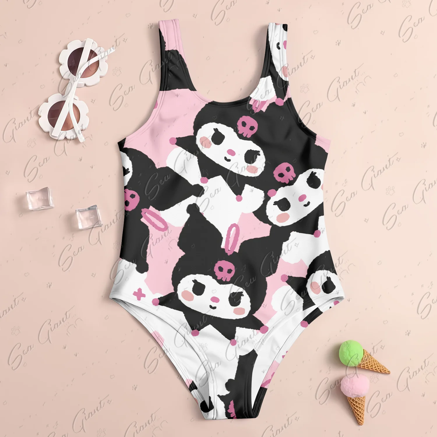 MINISO Cute Kuromi Print New Girl Summer One-Piece Swimsuit Fashion Cartoon Women Kids Swimwear Sleeveless Swim Clothing