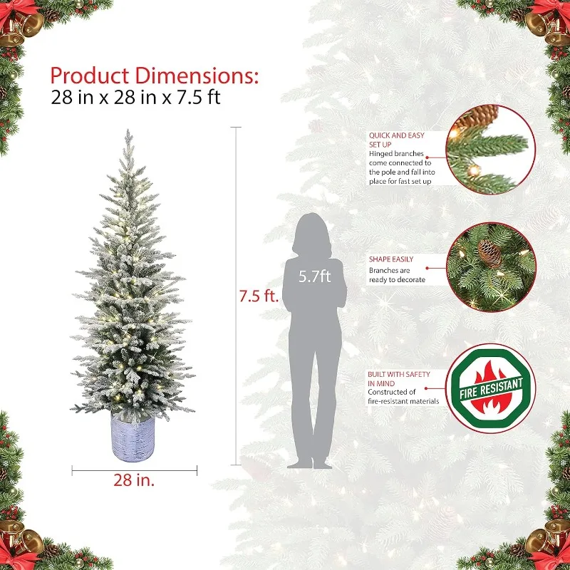 Pre-Lit Potted Flocked Arctic Fir Artificial Christmas Tree, Add Festive Atmosphere Realistic Details and Easy Assembly