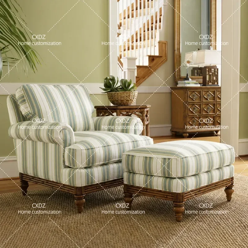 Solid Wood Bamboo Rattan Single Sofa Chair Removable Washable Fabric Leisure Armchair With Footrest