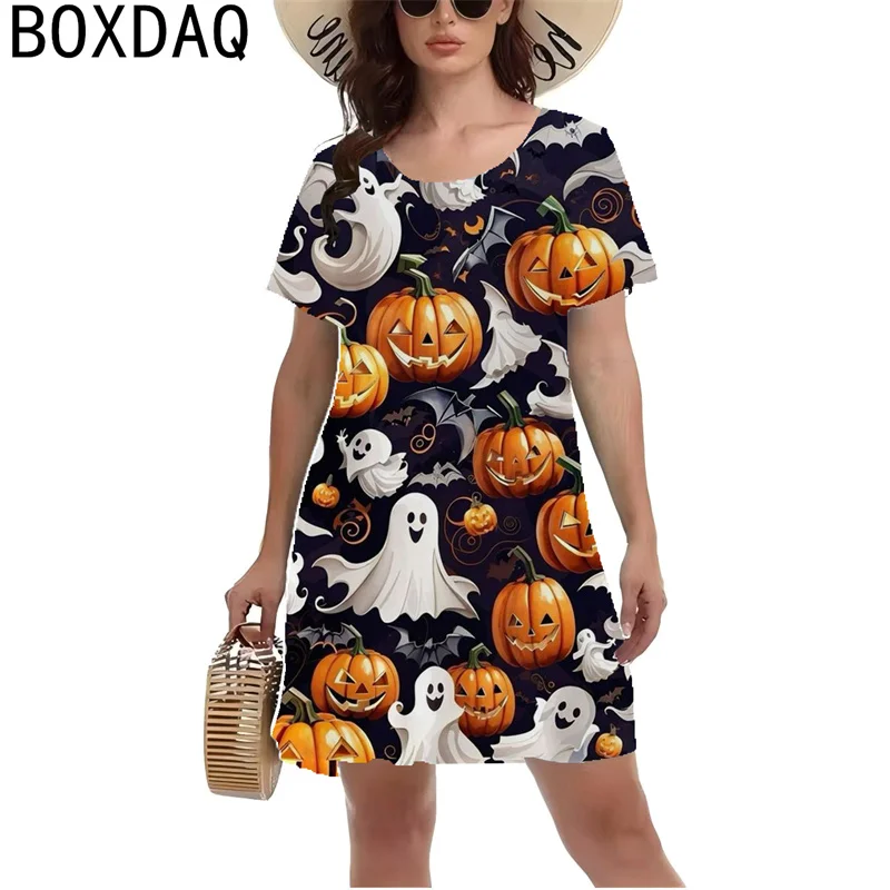 Halloween Horror Pumpkin Lantern Pattern Printed Dress Women Short Sleeve O-Neck Casual A-Line Dress Lady Y2K Style Dress