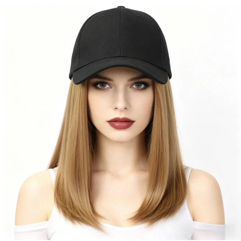 18inch Long Straight Baseball Cap with Hair Extensions, Natural-Looking Wig for Women, Easy to Wear and Go, Suitable for Dating, Parties, Photography, and Other Occasions The Best Choice as a Gift