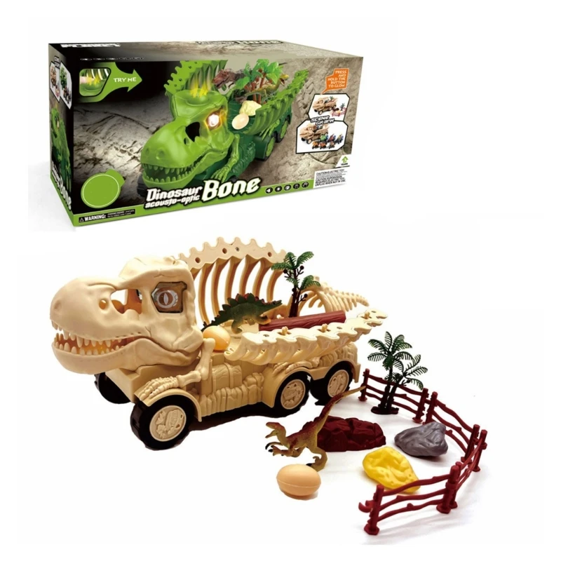 Electric Dinosaur Transport Truck Toy Kids Pull Back Vehicles with Light&Music D5QA