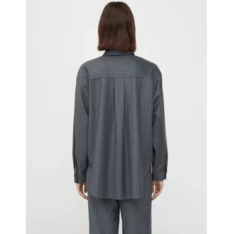 Pinstripe Deep Pleated Wool Shirt, Classic High-Grade Gray Commuter Style Top, Nordic Classic Version, Original 2024