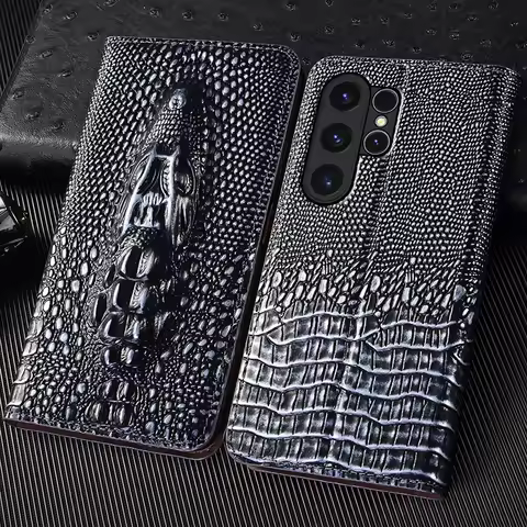 Retro Crocodile Head Genuine Leather Flip Case For Samsung Galaxy S10 S20 S21 S22 S23 S24 S25 FE Note 8 9 10 20 Plus Ultra Cover