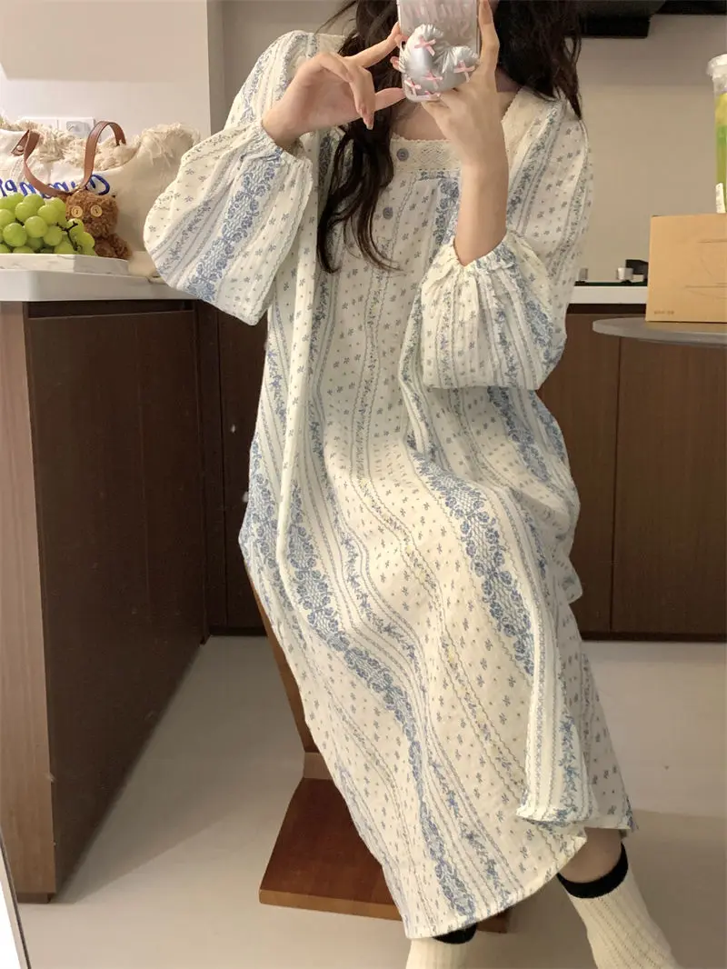 

Korean Cute Striped Floral Nightgown for Women Spring Autumn New Loose Long-sleeved Dress Home Wear Pajamas Sleeping Woman Offer